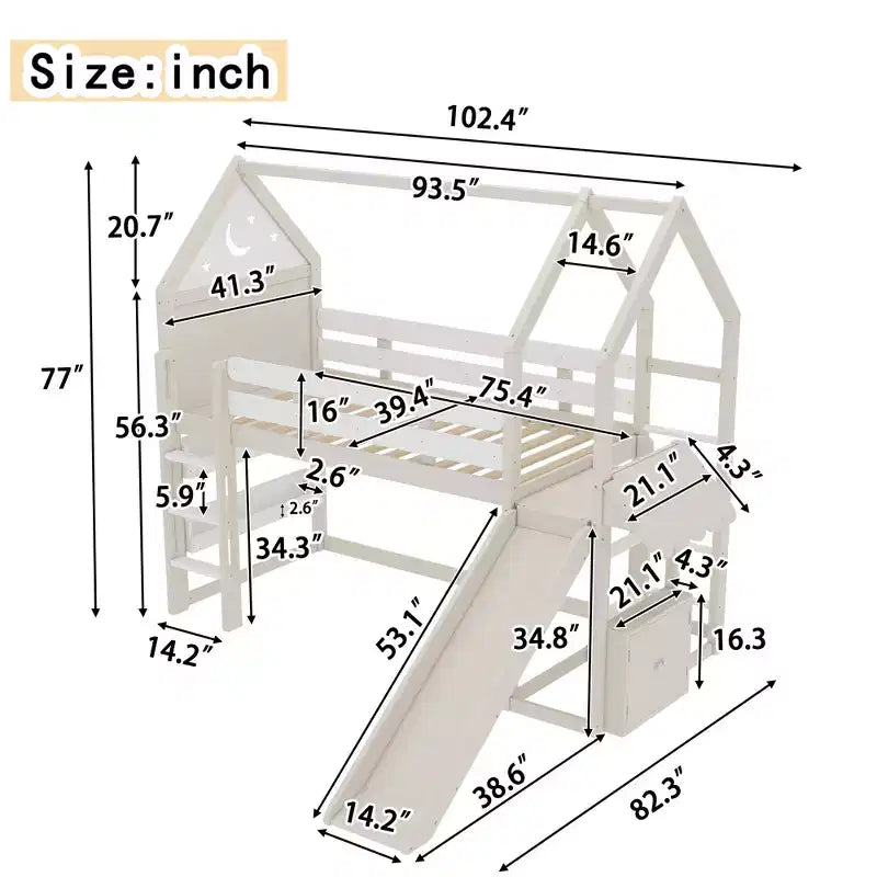 Beige/Black House-Style Loft Bed with Slide & Bookshelf, Twin/Full, for 1