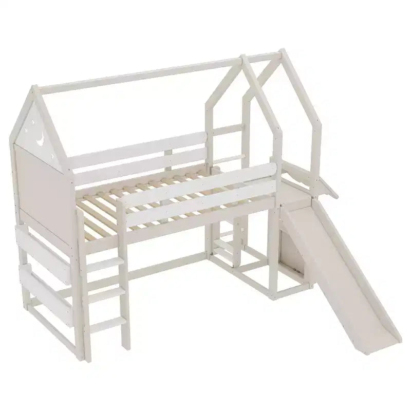 Beige/Black House-Style Loft Bed with Slide & Bookshelf, Twin/Full, for 1