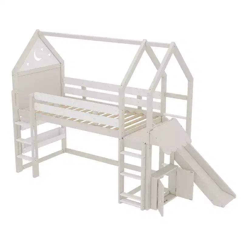Beige/Black House-Style Loft Bed with Slide & Bookshelf, Twin/Full, for 1