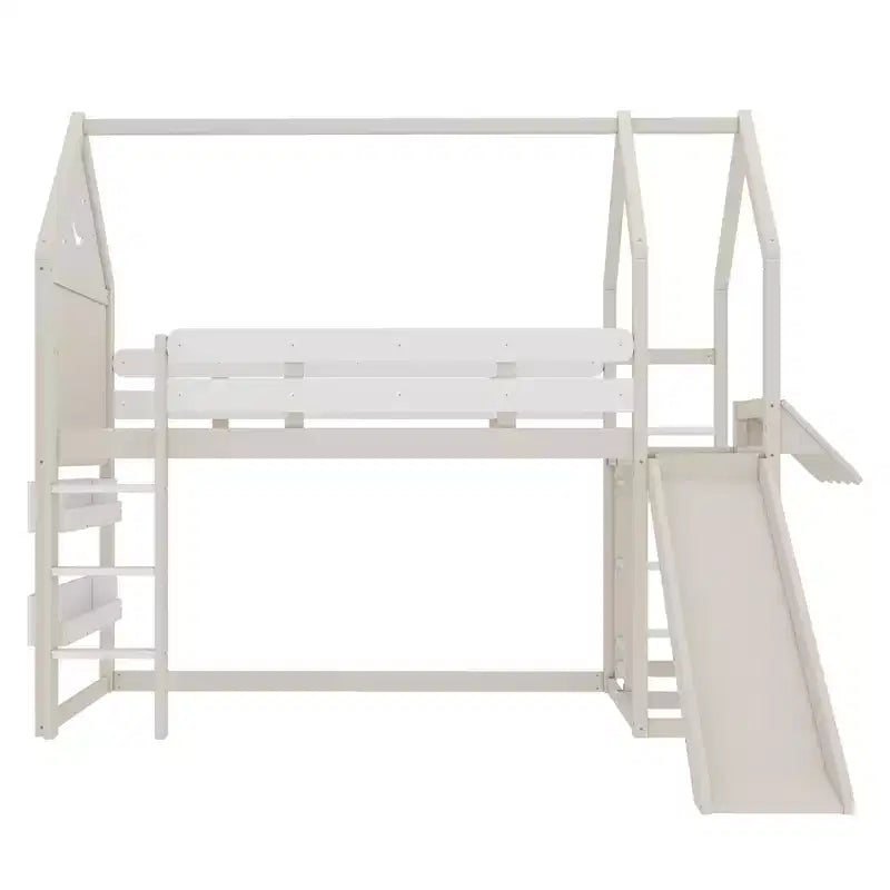 Beige/Black House-Style Loft Bed with Slide & Bookshelf, Twin/Full, for 1