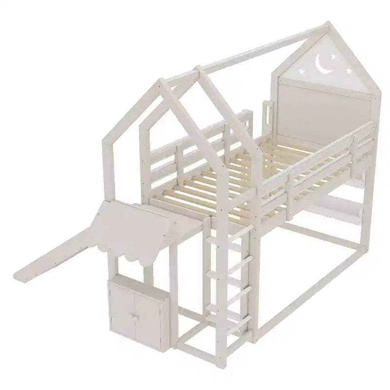 Beige/Black House-Style Loft Bed with Slide & Bookshelf, Twin/Full, for 1