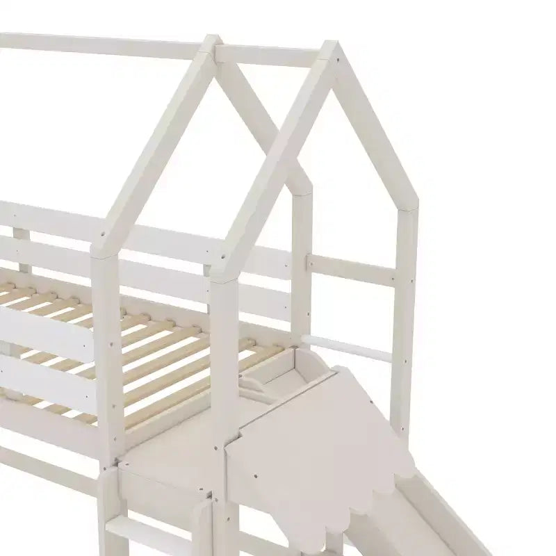 Beige/Black House-Style Loft Bed with Slide & Bookshelf, Twin/Full, for 1