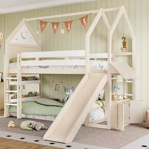 Twin/Full Size Loft Bed with Slide, Bookshelf & Safety Rails, Child-Friendly House Bunk Bed Frame, Starry Moon Design - ModernLuxe