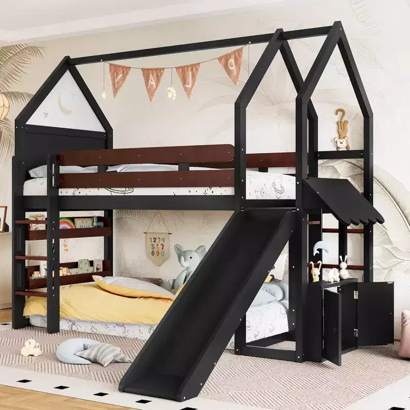 Beige/Black House-Style Loft Bed with Slide & Bookshelf, Twin/Full, for 1