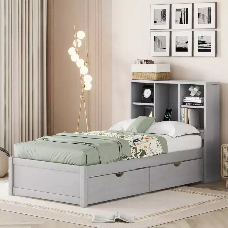 Grey Twin Platform Bed Frame with Bookcase Headboard & 2 Drawers, 1-Person