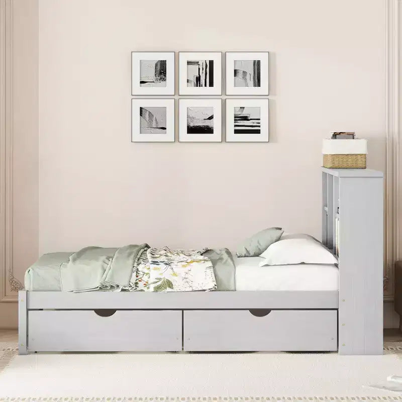 Grey Twin Platform Bed Frame with Bookcase Headboard & 2 Drawers, 1-Person
