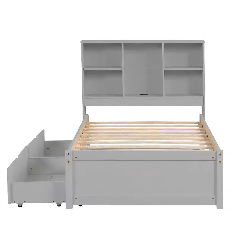 Grey Twin Platform Bed Frame with Bookcase Headboard & 2 Drawers, 1-Person