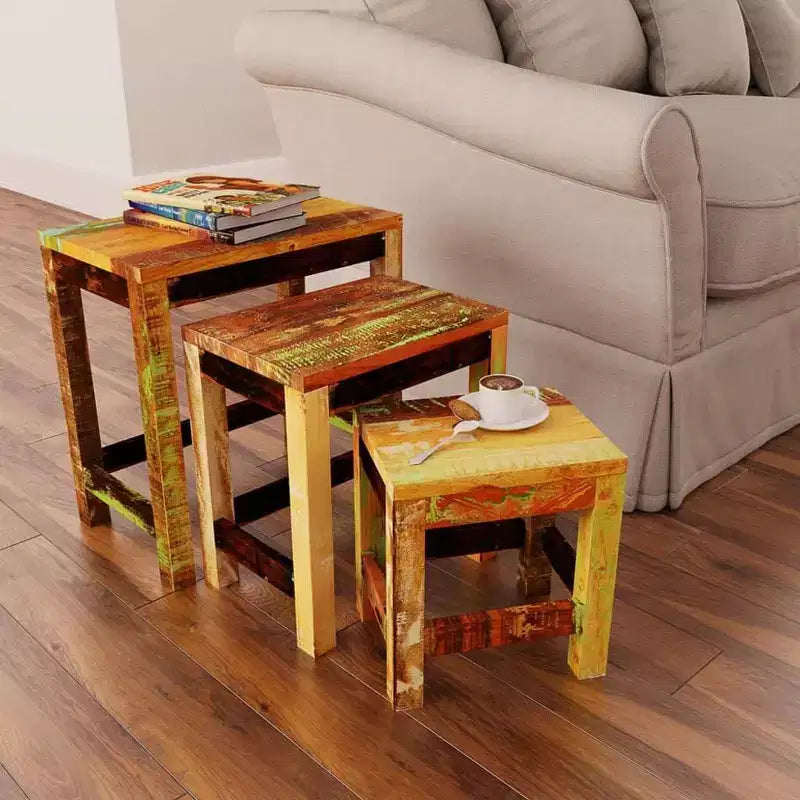 Blue & Brown Rectangular Nesting Side Tables, Set of 3