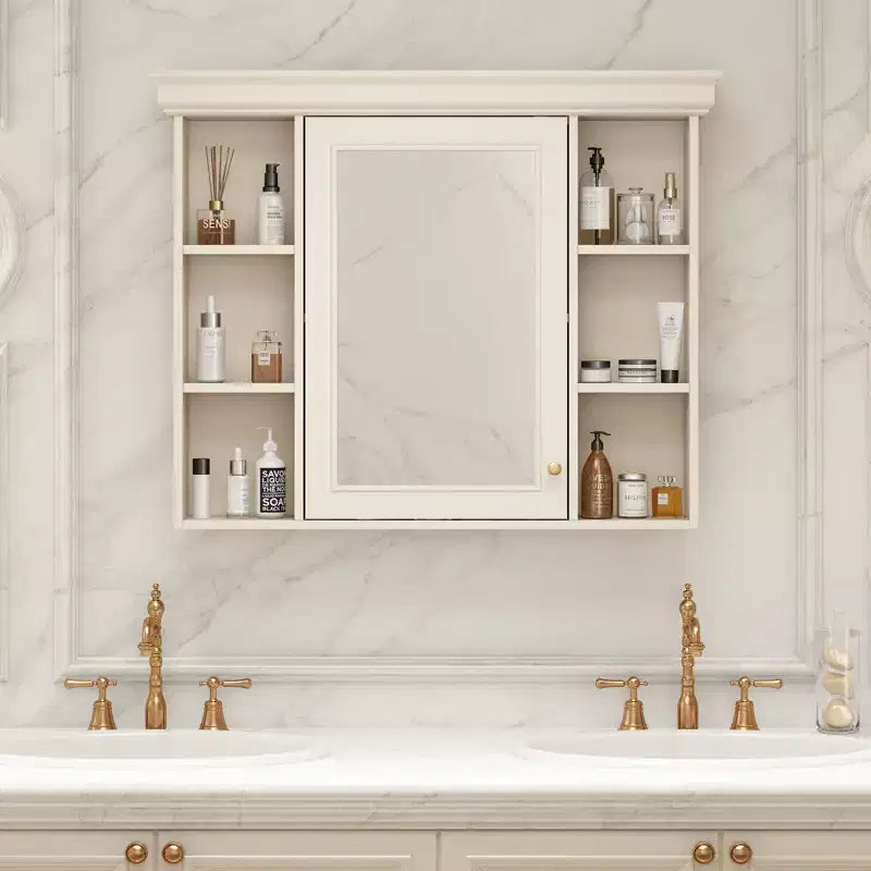 White Wall-Mounted Medicine Cabinet with Mirror Door, 8 Shelves, 1-Person