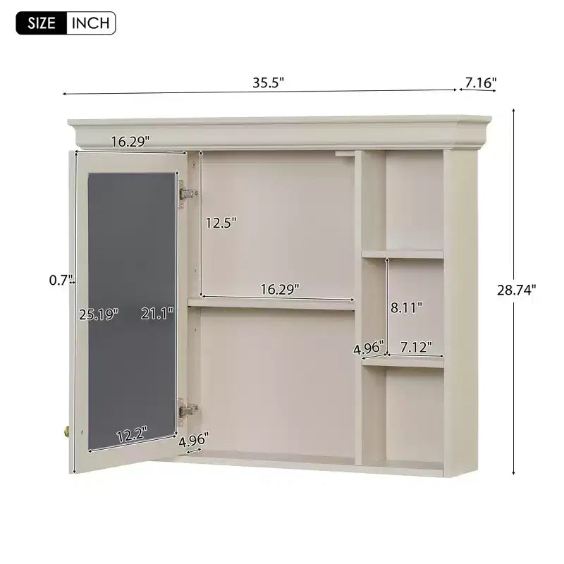 White Wall-Mounted Medicine Cabinet with Mirror Door, 8 Shelves, 1-Person
