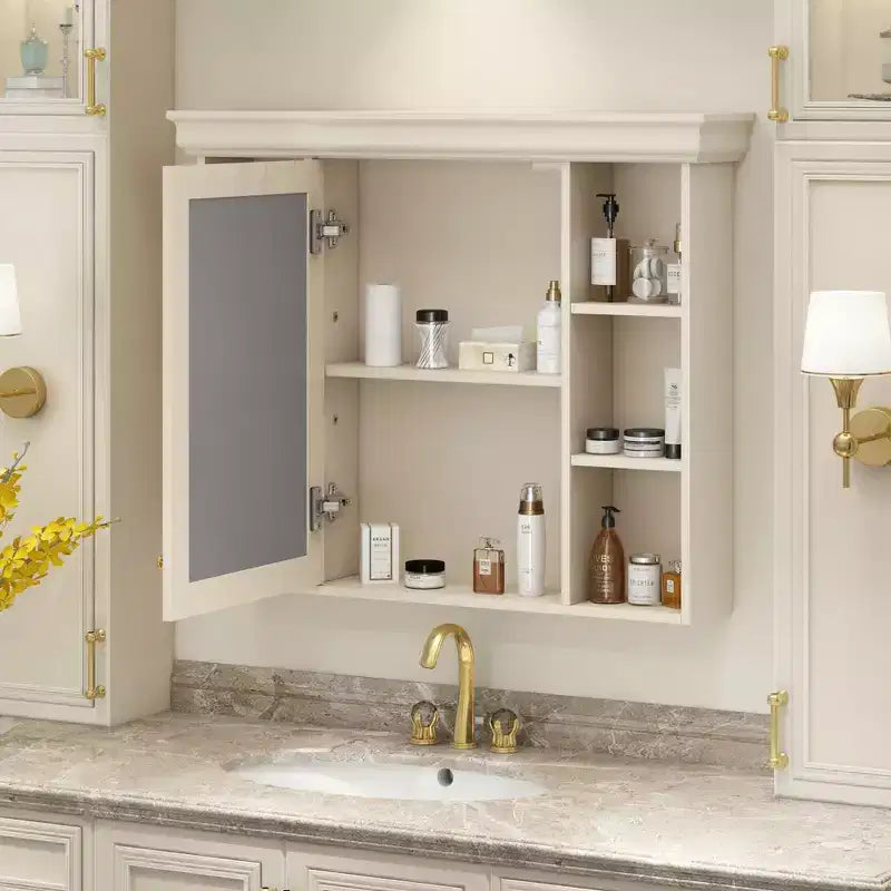 White Wall-Mounted Medicine Cabinet with Mirror Door, 8 Shelves, 1-Person