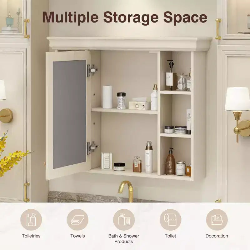 White Wall-Mounted Medicine Cabinet with Mirror Door, 8 Shelves, 1-Person