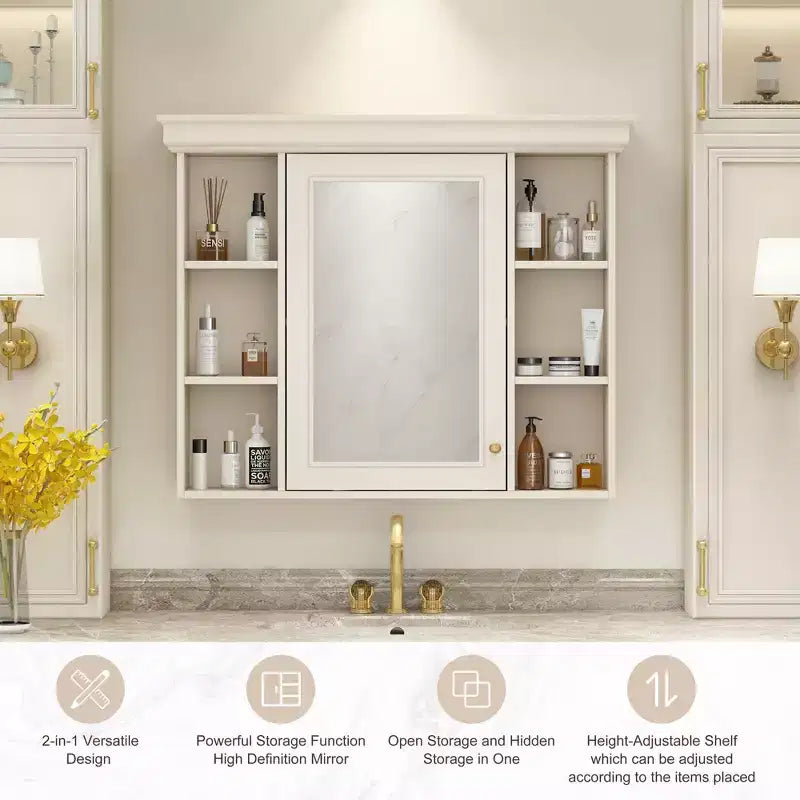 White Wall-Mounted Medicine Cabinet with Mirror Door, 8 Shelves, 1-Person