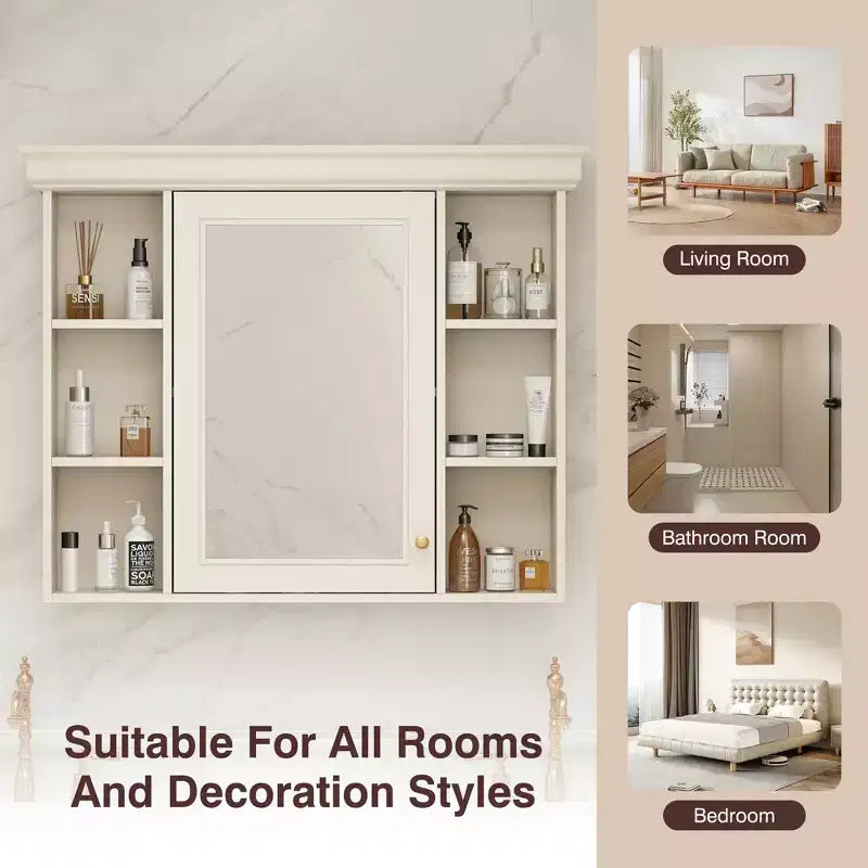 White Wall-Mounted Medicine Cabinet with Mirror Door, 8 Shelves, 1-Person