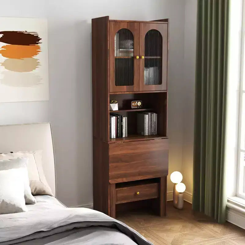 Walnut Fold-Out Wall Desk with Cabinet, 1 Drawer & 2 Glass Doors, Single-Person