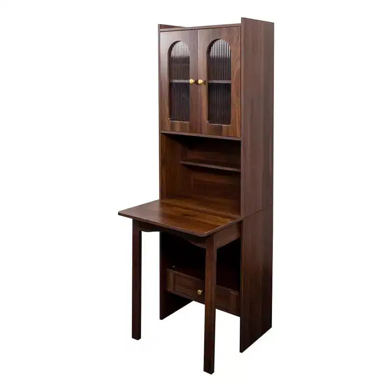 Walnut Fold-Out Wall Desk with Cabinet, 1 Drawer & 2 Glass Doors, Single-Person