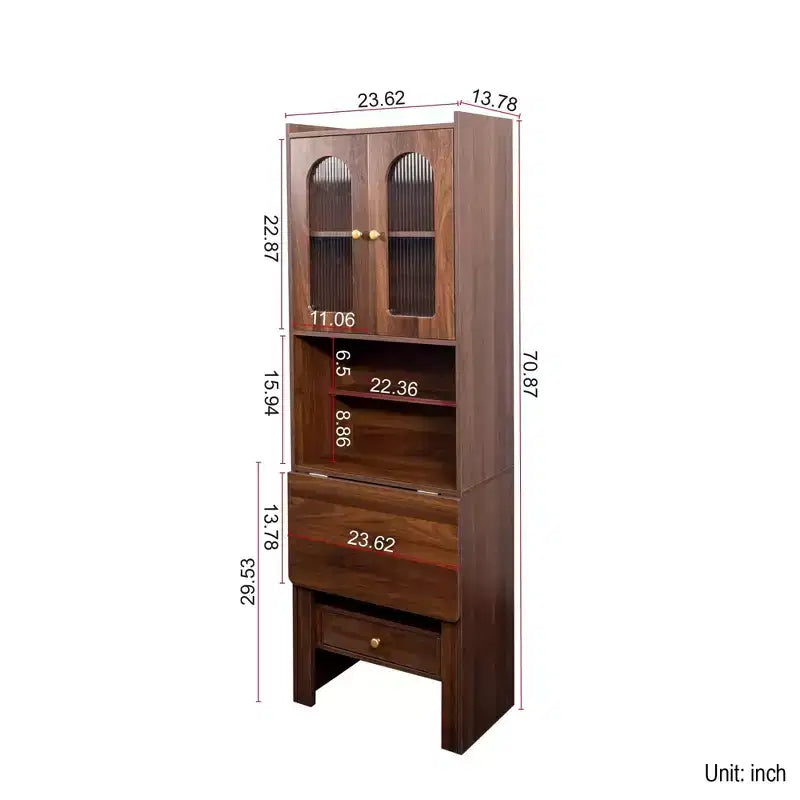 Walnut Fold-Out Wall Desk with Cabinet, 1 Drawer & 2 Glass Doors, Single-Person