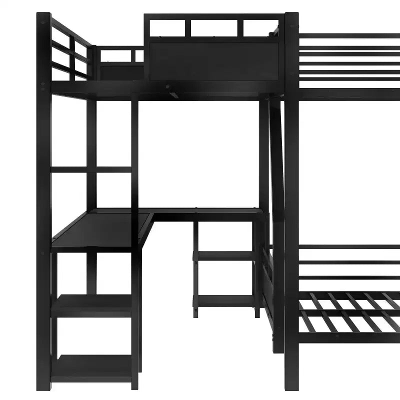 Black L-Shaped Metal Bunk Bed with Slide, Desk & Storage – 2 Kids