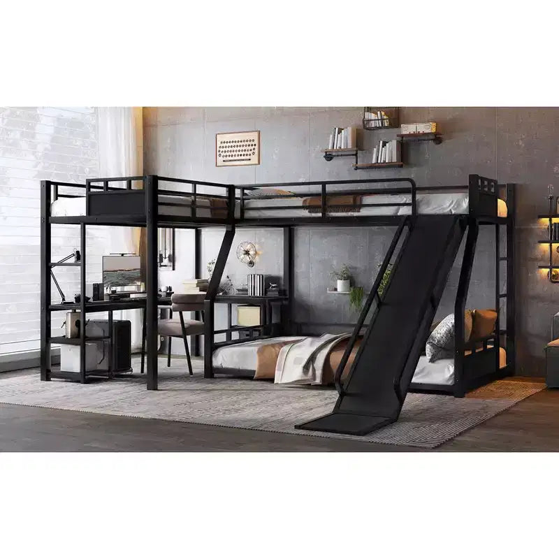 Black L-Shaped Metal Bunk Bed with Slide, Desk & Storage – 2 Kids
