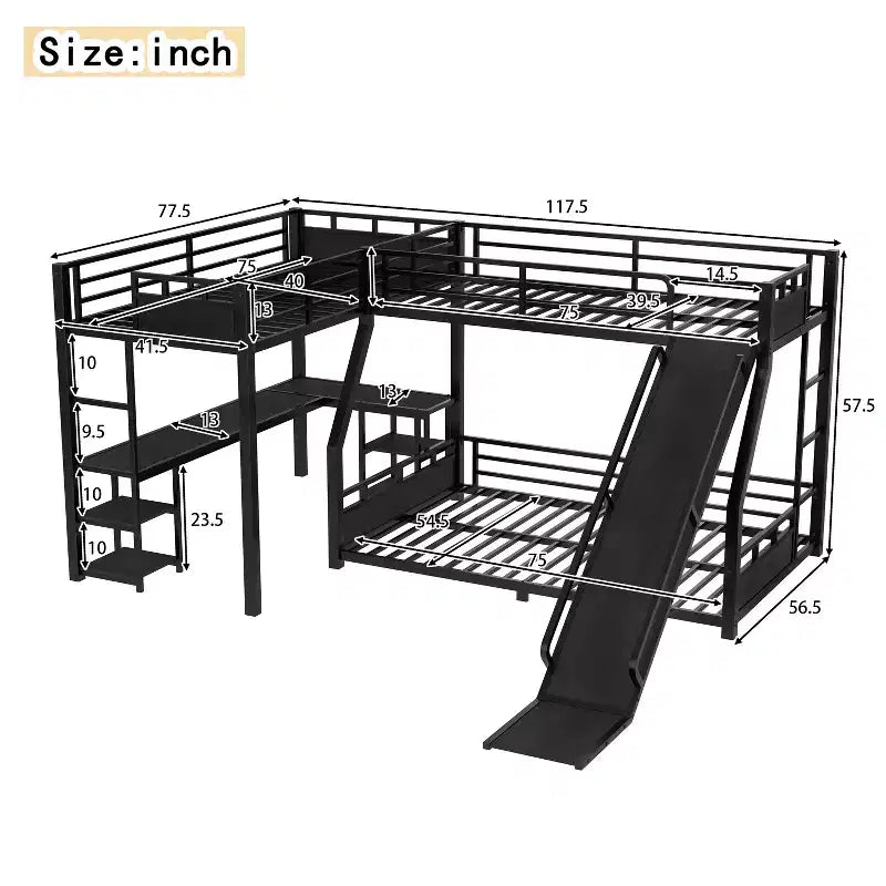 Black L-Shaped Metal Bunk Bed with Slide, Desk & Storage – 2 Kids