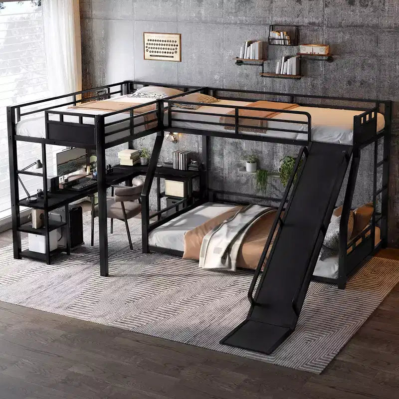 Black L-Shaped Metal Bunk Bed with Slide, Desk & Storage – 2 Kids