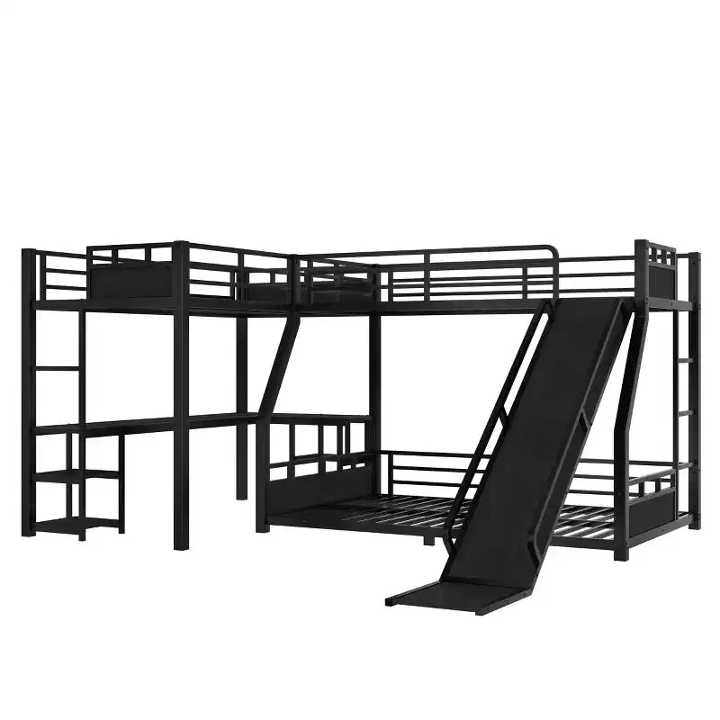 Black L-Shaped Metal Bunk Bed with Slide, Desk & Storage – 2 Kids