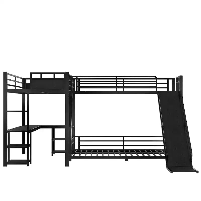 Black L-Shaped Metal Bunk Bed with Slide, Desk & Storage – 2 Kids