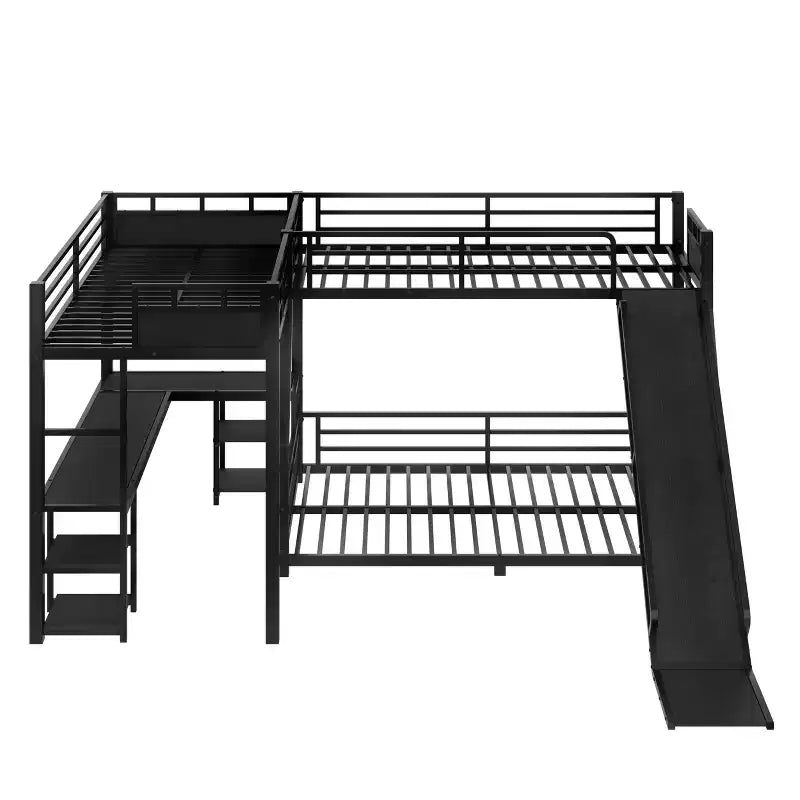 Black L-Shaped Metal Bunk Bed with Slide, Desk & Storage – 2 Kids