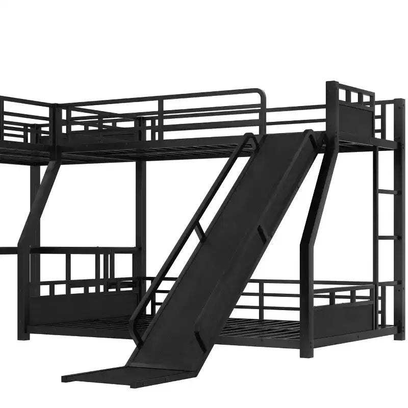 Black L-Shaped Metal Bunk Bed with Slide, Desk & Storage – 2 Kids
