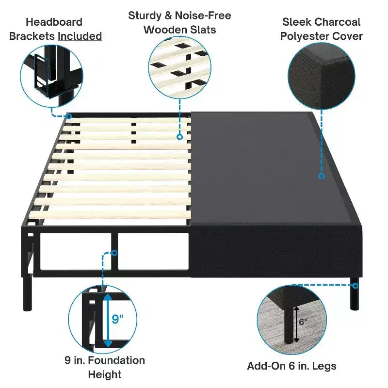 Black Steel 2-in-1 Mattress Foundation & Bed Frame with Roll-Out Slats, Single Use
