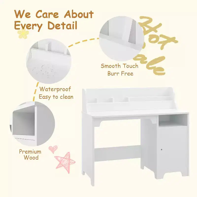 Pink/White Kids Study Desk & Chair Set, 1-Person, with Hutch & Storage