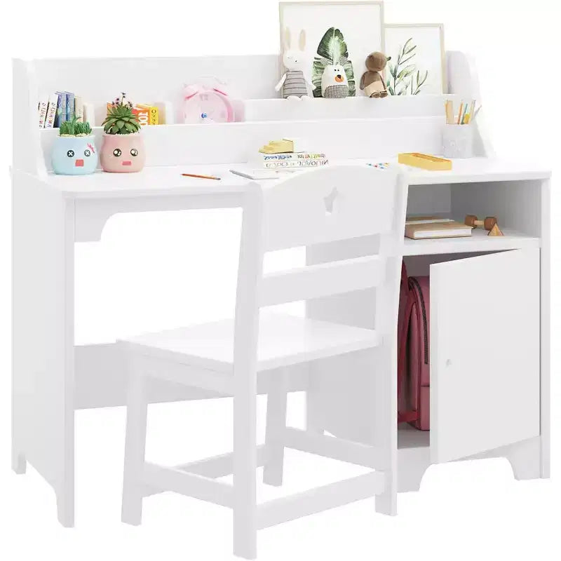 Pink/White Kids Study Desk & Chair Set, 1-Person, with Hutch & Storage