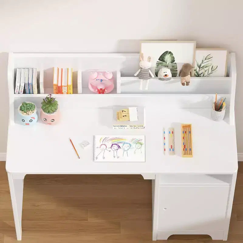 Pink/White Kids Study Desk & Chair Set, 1-Person, with Hutch & Storage