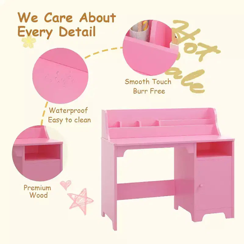 Pink/White Kids Study Desk & Chair Set, 1-Person, with Hutch & Storage