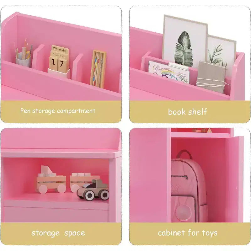 Pink/White Kids Study Desk & Chair Set, 1-Person, with Hutch & Storage
