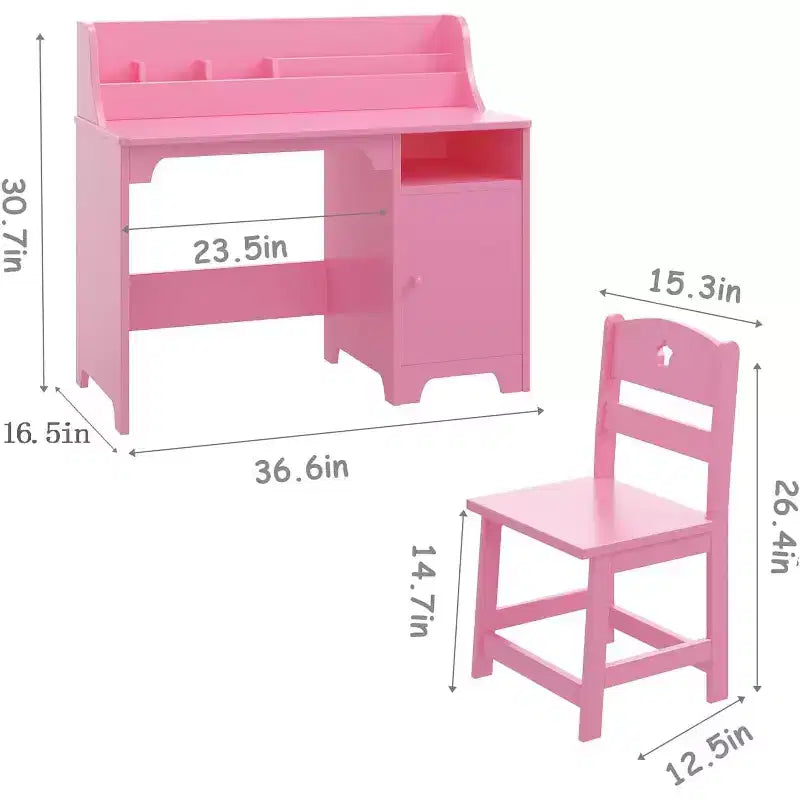 Pink/White Kids Study Desk & Chair Set, 1-Person, with Hutch & Storage