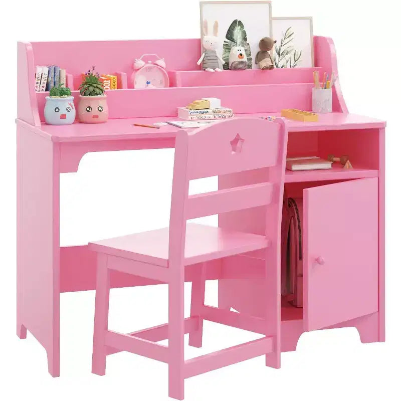 Pink/White Kids Study Desk & Chair Set, 1-Person, with Hutch & Storage