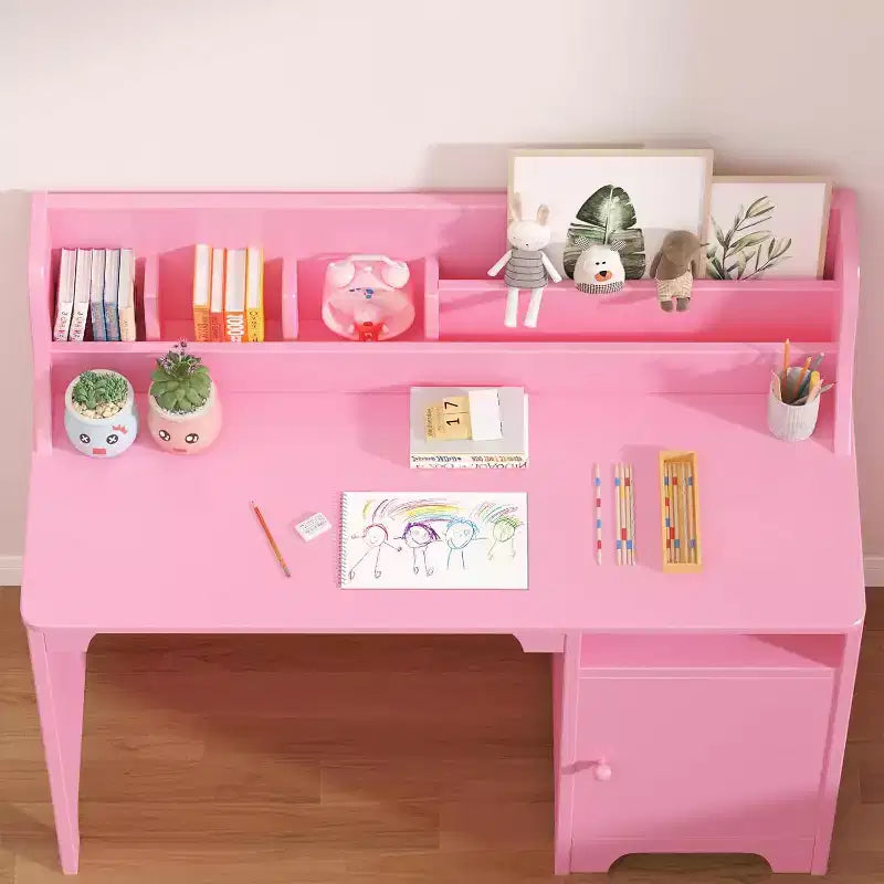 Pink/White Kids Study Desk & Chair Set, 1-Person, with Hutch & Storage