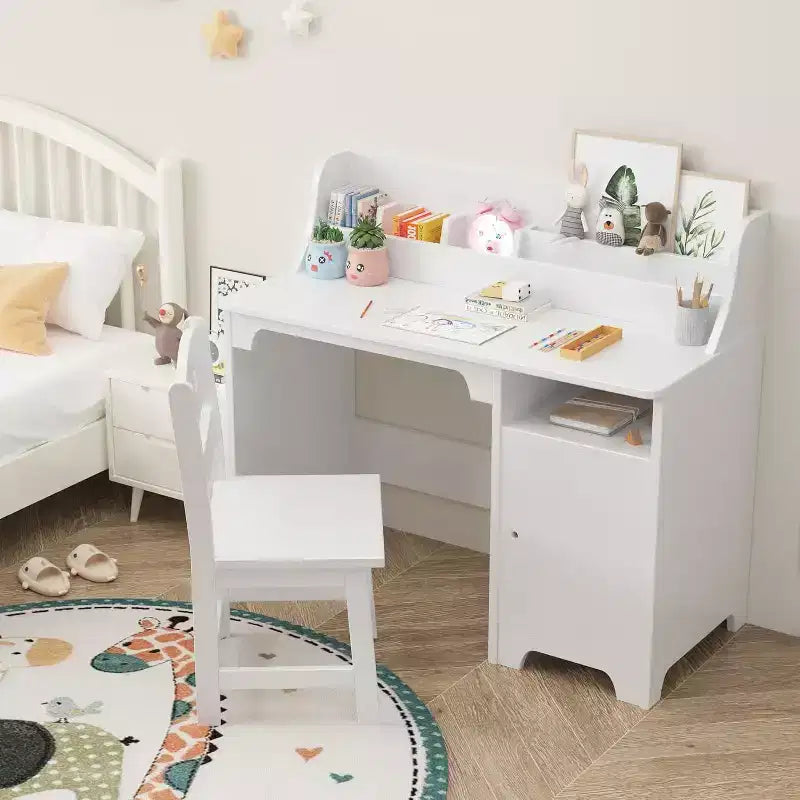 Pink/White Kids Study Desk & Chair Set, 1-Person, with Hutch & Storage