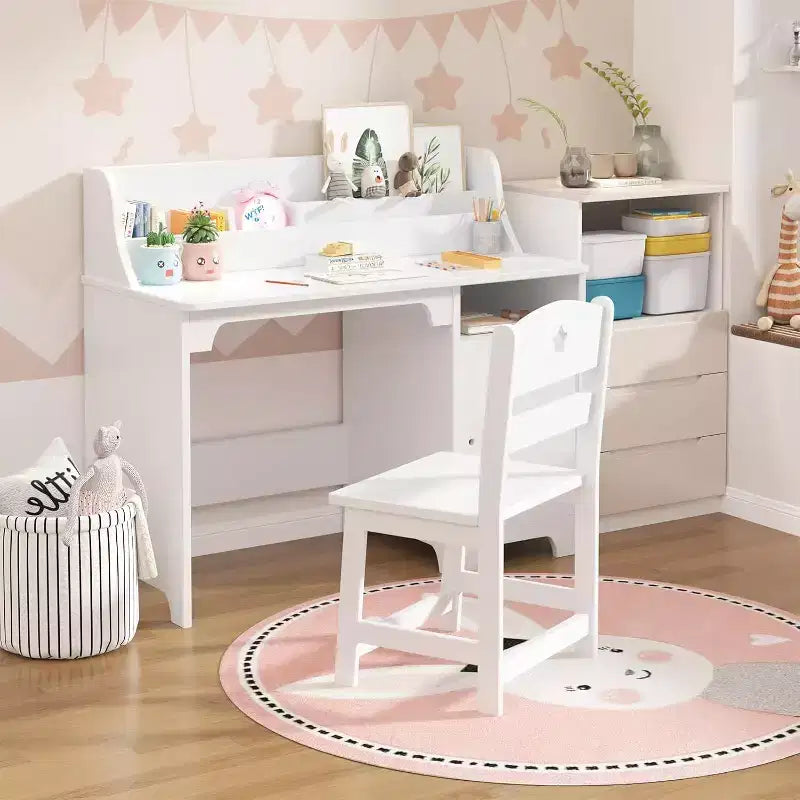 Pink/White Kids Study Desk & Chair Set, 1-Person, with Hutch & Storage