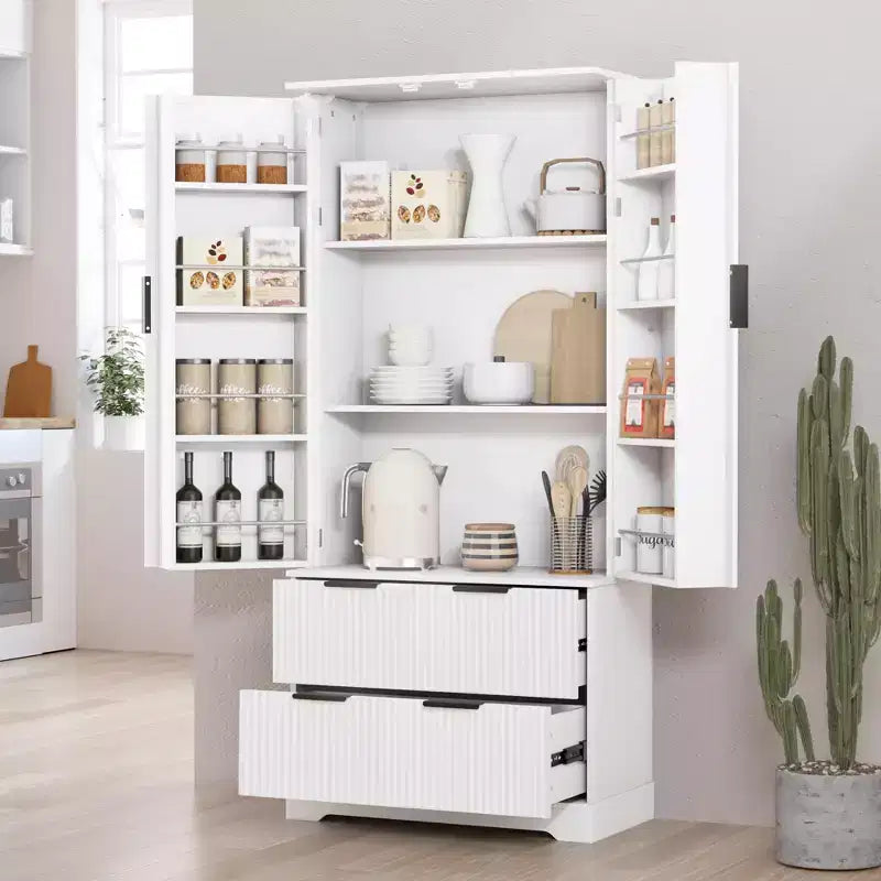 Black/White Fluted Double-Door Kitchen Pantry Cabinet with 2 Drawers