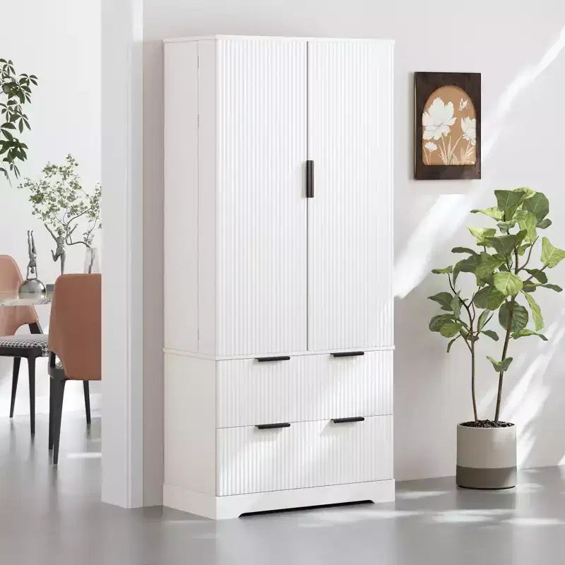 Black/White Fluted Double-Door Kitchen Pantry Cabinet with 2 Drawers