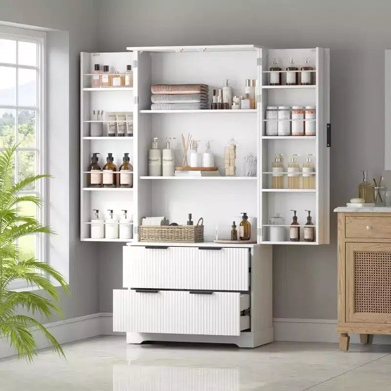Black/White Fluted Double-Door Kitchen Pantry Cabinet with 2 Drawers