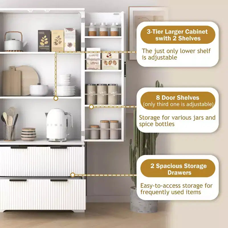 Black/White Fluted Double-Door Kitchen Pantry Cabinet with 2 Drawers