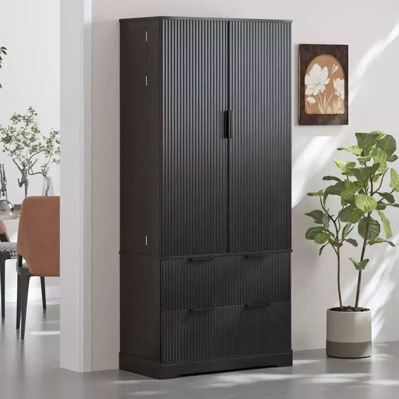 Black/White Fluted Double-Door Kitchen Pantry Cabinet with 2 Drawers