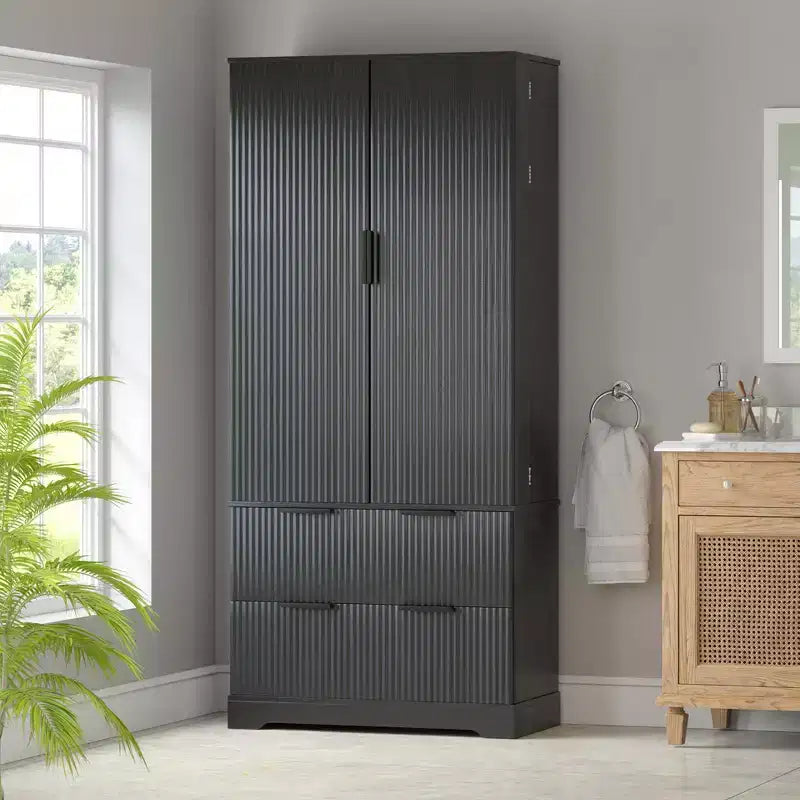 Black/White Fluted Double-Door Kitchen Pantry Cabinet with 2 Drawers
