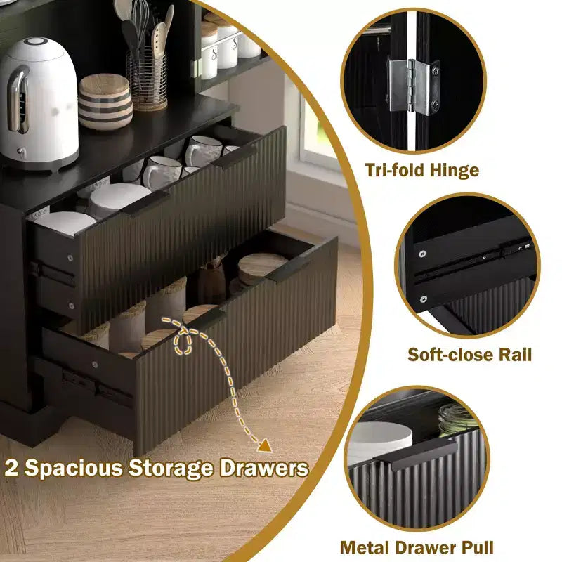 Black/White Fluted Double-Door Kitchen Pantry Cabinet with 2 Drawers
