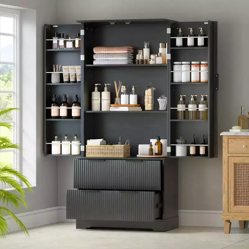 Black/White Fluted Double-Door Kitchen Pantry Cabinet with 2 Drawers