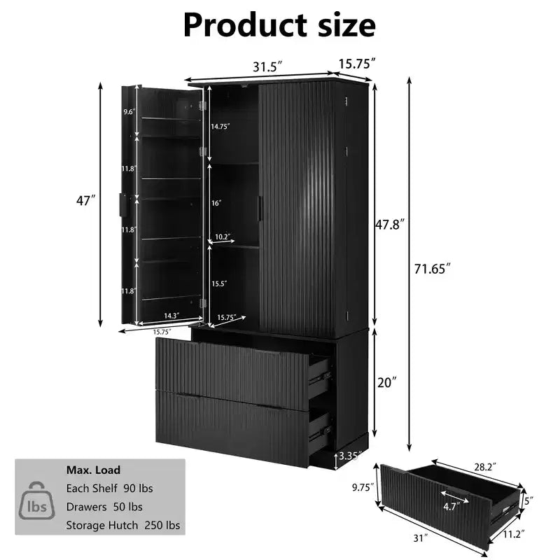 Black/White Fluted Double-Door Kitchen Pantry Cabinet with 2 Drawers