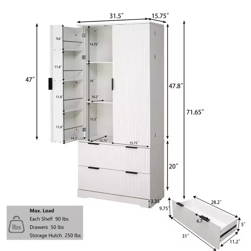 Black/White Fluted Double-Door Kitchen Pantry Cabinet with 2 Drawers